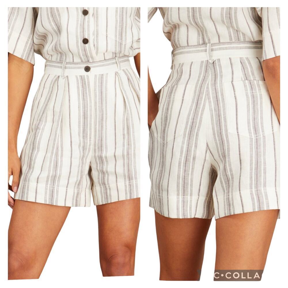 New LEE MATHEWS  Dallas Short Neutral Linen Coco Black Ivory Striped Womens Sz 4